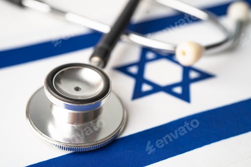 Preview: Black stethoscope on Israel flag background, Business and finance concept.