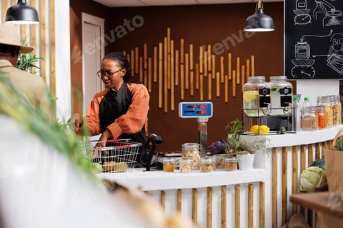 Preview: Female vendor removes items from basket