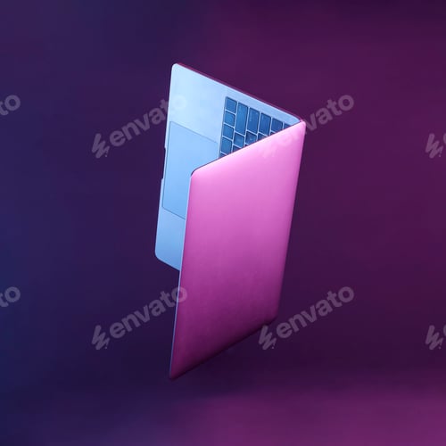 Preview: Laptop computer in levitation neon background.