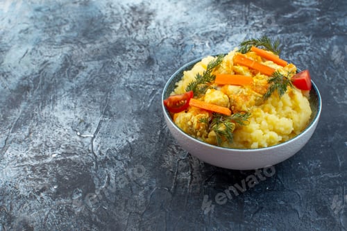 Preview: Front view of delicious potato meal with fresh vegetables on the left side on dark color background