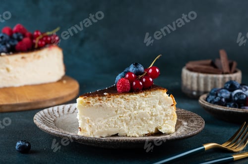 Preview: Piece of San Sebastian Basque Cheesecake with berries. Basque cheesecake. Burnt cheesecake.