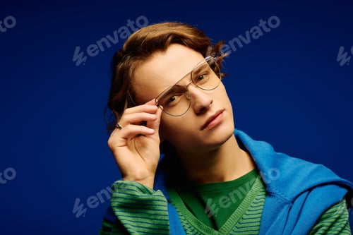 Preview: Confident young man showcases modern fashion trends with unique style in a vibrant setting