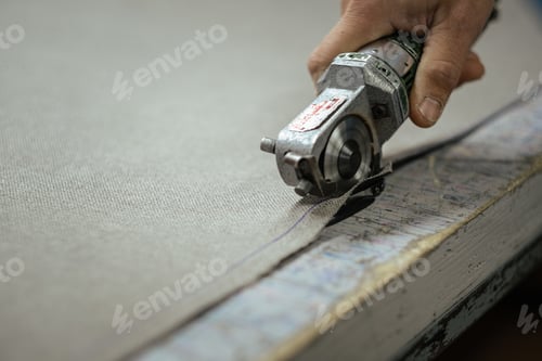 Preview: Closeup shot of male hand using portable cloth cutter