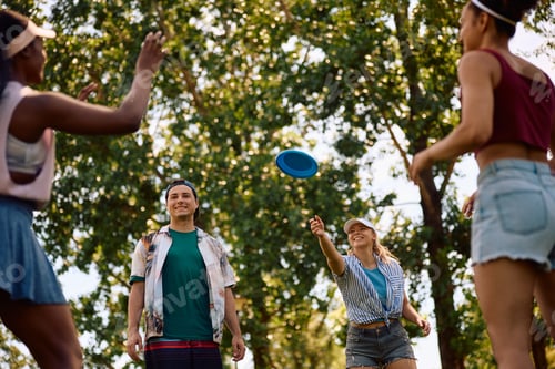 Preview: Carefree friends playing with frisbee in the park.
