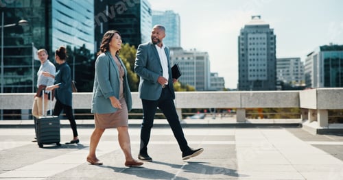 Preview: Corporate, people and talking with travel in city for morning commute, discussion and client negoti