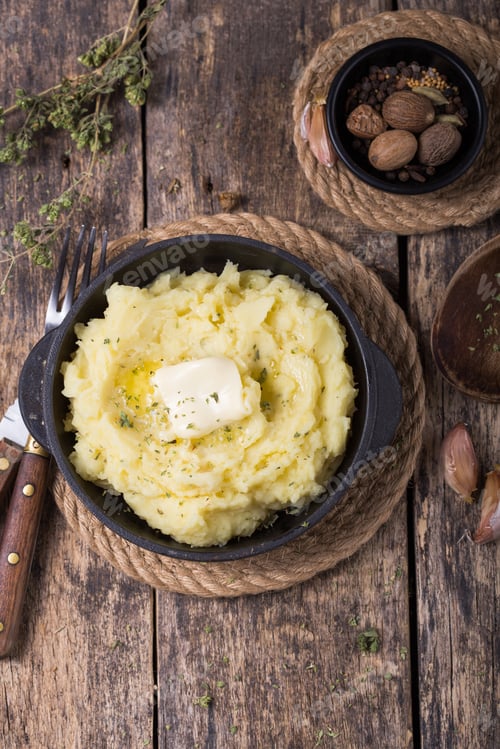 Preview: Fresh homemade creamy mashed potato or potato puree in pan