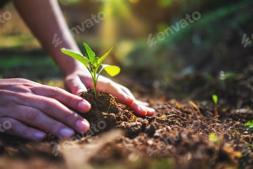Preview: Closeup image of people preparing to grow a small tree with soil in the garden
