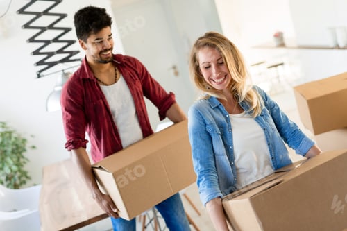 Preview: home, people, moving and real estate concept - happy couple having fun while moving in