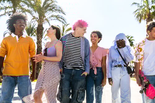 Preview: Multiethnic group of young happy friends hanging out