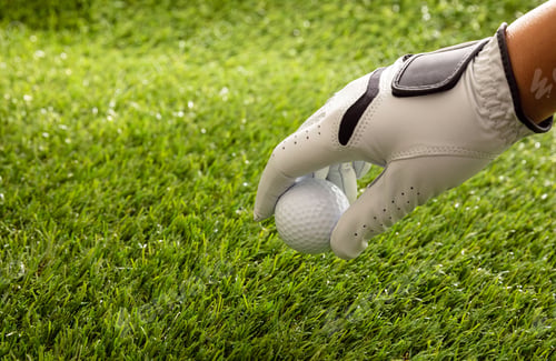 Preview: Golf ball in gloved hand, green course lawn background, close up view.