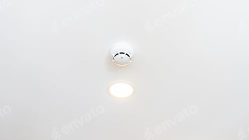Preview: Ceiling mounted smoke detector sensor. The white fire alarm and metal sprinkler