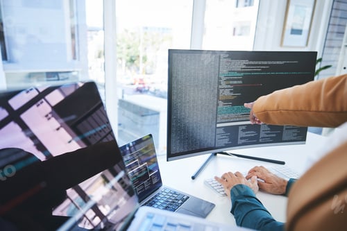 Preview: Closeup, manager and worker with computer screen, programming or training with trading, coaching or