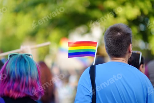Preview: Rear view of people column during the Lgbt Pride Parade. Crowd on the city street with rainbow flag.