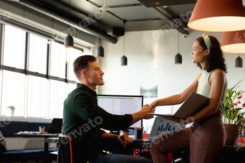 Preview: Multiracial young businessman and businesswoman handshaking in creative office