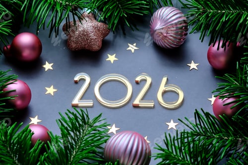 Visualização: Fundo de Ano Novo com 2026 em um fundo azul com decorações de Natal.