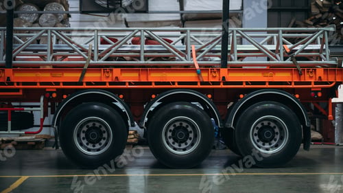 Preview: A large orange semi truck with three wheels and a trailer