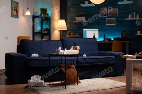 Preview: No people in unorganized living room space with trash