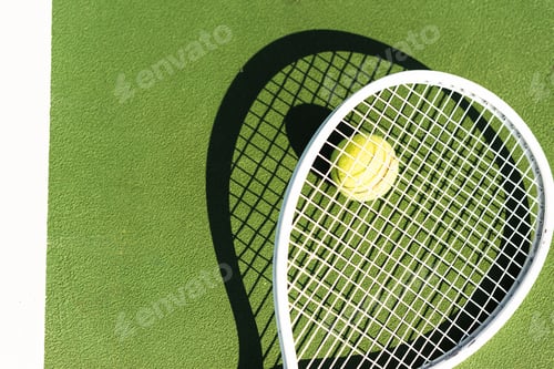 Preview: top view of tennis racket and ball lying on green tennis court