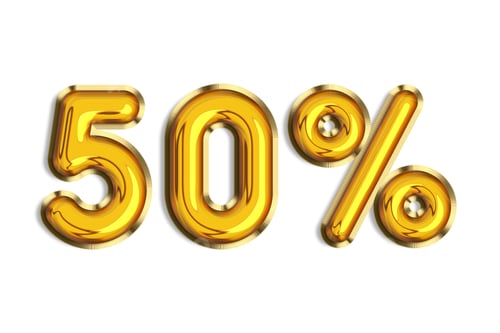 Preview: 50% off discount promotion sale made of realistic 3d gold helium balloons. Illustration of golden