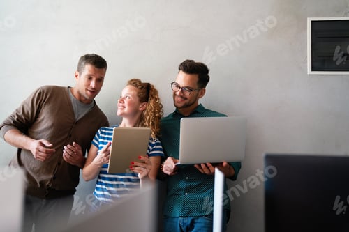 Preview: Young manager talking with experienced colleague while using computer in office.