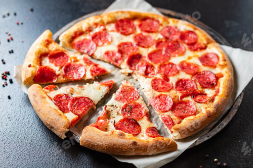 Preview: Salami Pizza Pepperoni Fast Food Takeaway Snack Healthy Meal Top View Copy Space For Text Food