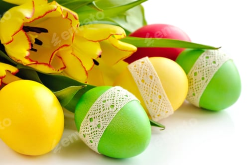 Preview: Easter eggs with tulips on white background