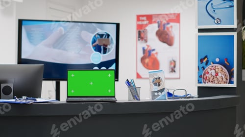 Preview: Empty reception desk with greenscreen on laptop display