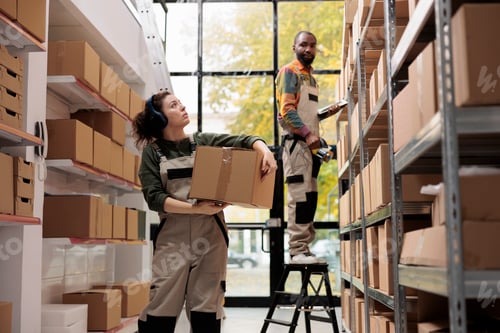 Preview: Warehouse supervisor looking at shelves full with boxes