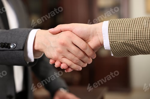 Preview: Notary shaking hands with client in office, closeup