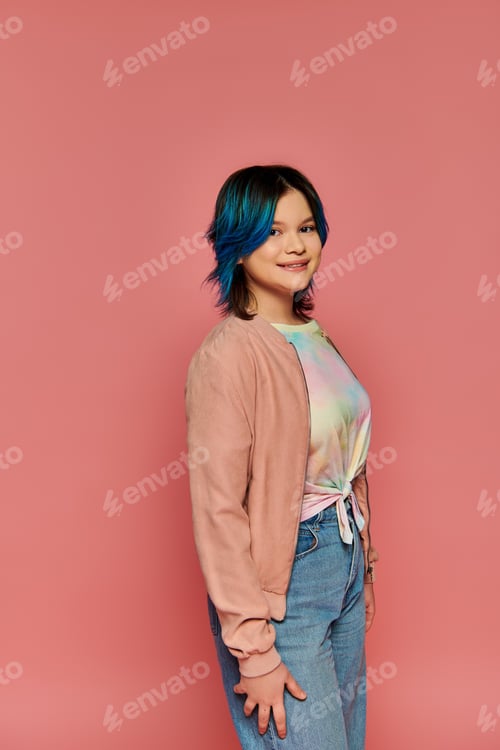 Preview: Vibrant fusion: asian girl with blue hair against pink wall