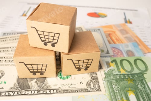 Preview: Shopping cart logo on box with Euro and US dollar banknotes background, Banking Account,