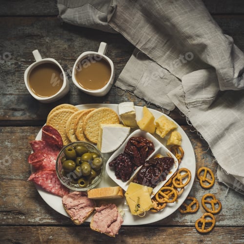 Preview: Dish With Cheese And Cheese Assortment - Cheese, Salami, Crackers, Olives, Dried Tomatoes And Plums