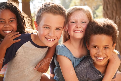Preview: Portrait Of Children With Friends On Hiking Adventure In Woods