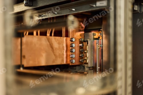 Preview: Close-Up of Copper Components in Industrial Electrical Equipment with Metallic Details