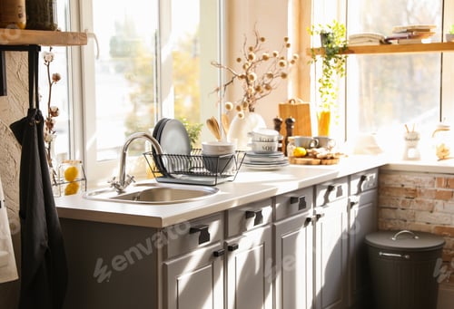 Preview: Stylish kitchen with sink and clean dishware