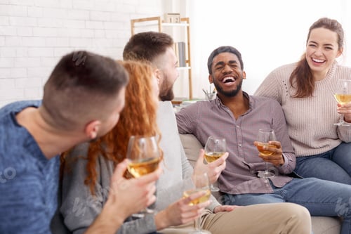 Preview: Home gatherings. Friends drinking wine and chatting