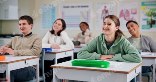 Preview: Happy, student and smile for lesson in classroom, high school and learning for education of biology