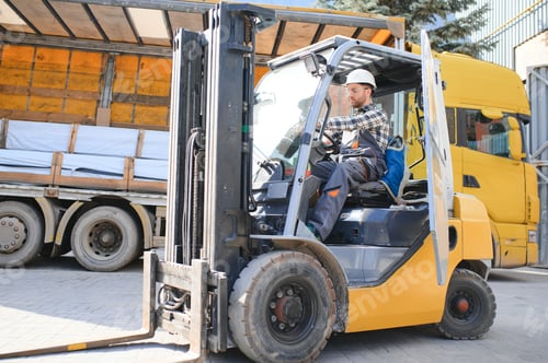 Preview: Warehouse man worker with forklift