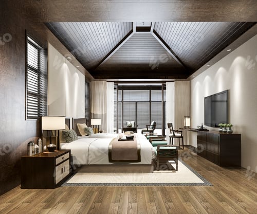 Preview: 3d rendering luxury tropical bedroom suite in resort hotel and resort