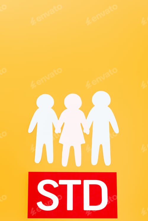 Preview: top view of three paper people near red paper with std lettering isolated on orange