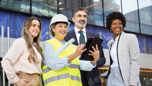 Preview: Architect using digital tablet with businesspeople at construction site