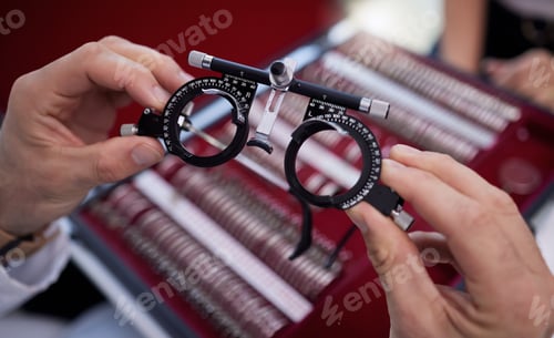Preview: Optometry, eyewear and lens for a optical test with a optometrist in a ophthalmology clinic or stor