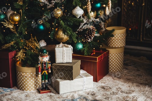 Preview: Decorated New Year tree and many presents under it. Christmas tree with many clolourful decorations