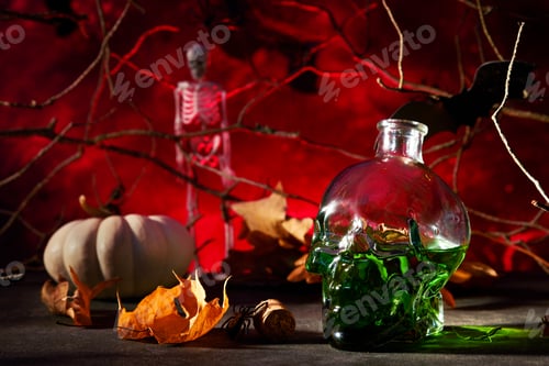 Preview: Halloween green cocktail. Halloween cocktail glass goblet for Halloween and bottle form skull on re