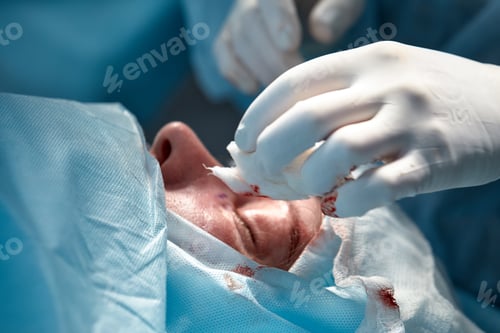 Preview: Close up of the face of a patient who is undergoing blepharoplasty. The surgeon cuts the eyelid and