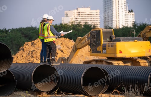 Preview: Construction surveyor or engineer working in pipe construction site inspection