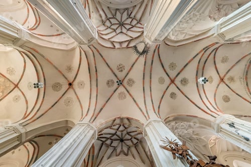Preview: interior dome and looking up into a old gothic or baroque catholic church ceiling and vaulting