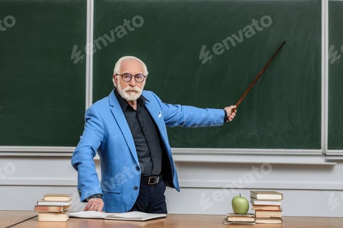 Preview: grey hair professor pointing on something at blackboard