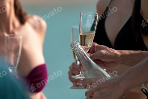 Preview: friends group enjoy celebration party fun luxury summer outdoor by drinking champagne together