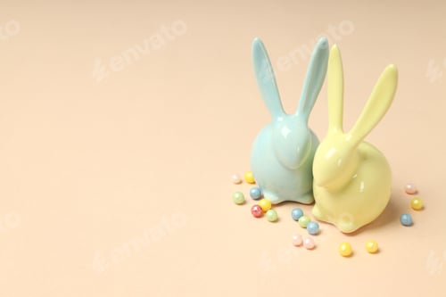 Preview: Easter bunnies on beige background, space for text